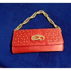 Coral Rhinestone Embelellished Satin Evening Clutch w/Chunky Gold Tone Chain